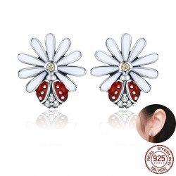Brincos de margarida branca / joaninha de cristal - prata de lei 925