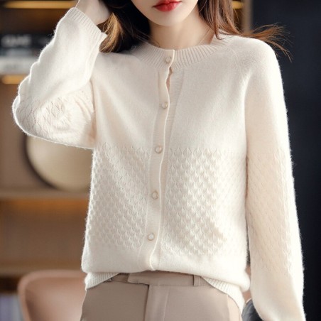 Cardigan gola redonda - camisola curta com botões - 100% lã