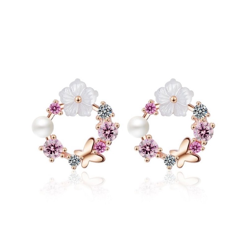 Small round earrings - butterfly - flowers - pearl - cubic zirconia - 925 sterling silverEarrings