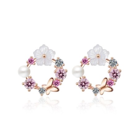 Small round earrings - butterfly - flowers - pearl - cubic zirconia - 925 sterling silverEarrings