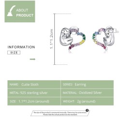 Slow sloth with colorful zircon heart - 925 sterling silverEarrings