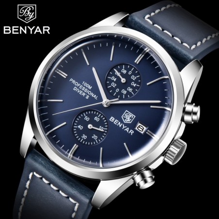 BENYAR - relógio Quartz esportivo - 100m à prova d'água - pulseira de couro