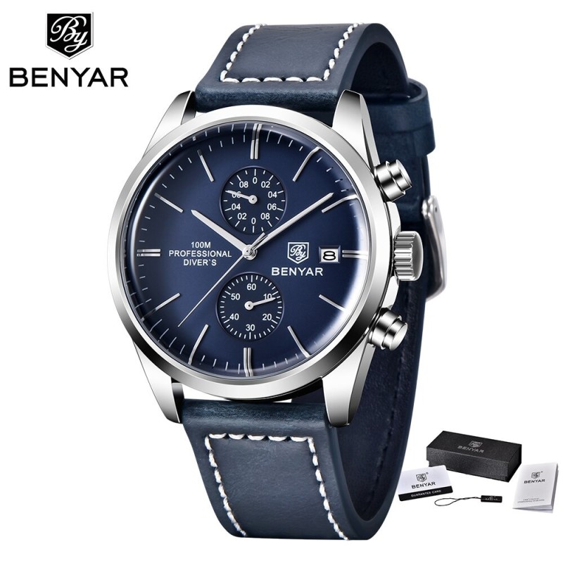 BENYAR - relógio Quartz esportivo - 100m à prova d'água - pulseira de couro