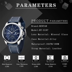 BENYAR - relógio Quartz esportivo - 100m à prova d'água - pulseira de couro