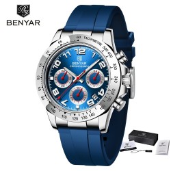 BENYAR - relógio de aço inoxidável - Quartzo - cronógrafo - 30M à prova d'água - pulseira de borracha