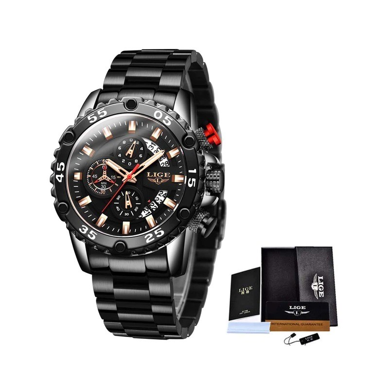 LIGE - relógio Quartz esportivo - luminoso - à prova d'água - aço inoxidável