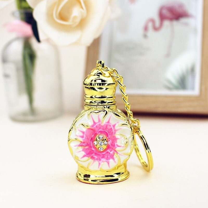 Frasco de perfume de metal vintage - recipiente de vidro - com conta-gotas - chaveiro - 3ml