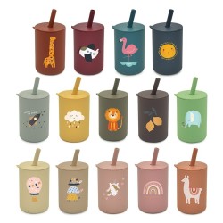 Copo infantil de silicone - água fria / quente - com canudo - à prova de vazamentos - sem BPA - animal print