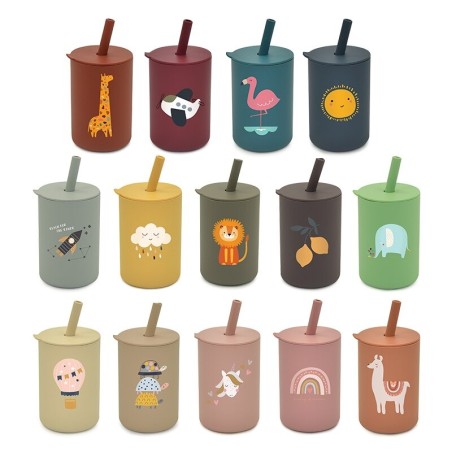Copo infantil de silicone - água fria / quente - com canudo - à prova de vazamentos - sem BPA - animal print