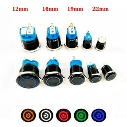 Botão de pressão preto LED - à prova d'água - autotravamento fixo - 12mm / 16mm / 19mm / 22mm - 5V / 12V / 220V