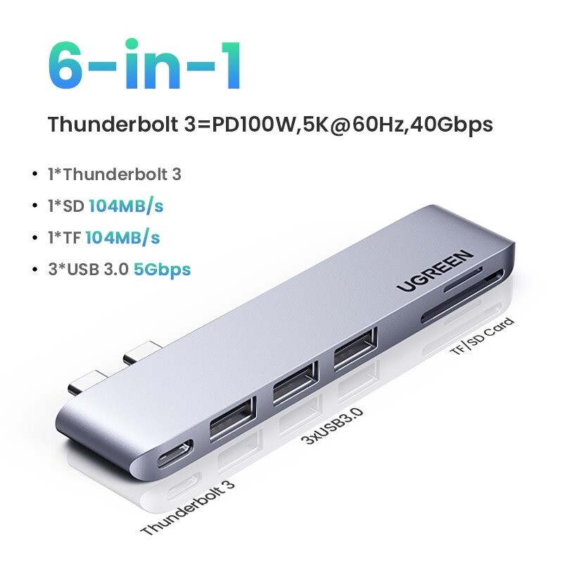 UGREEN - USB C HUB duplo tipo C para multi USB 3.0 4K HDMI - adaptador Thunderbolt 3 - para MacBook Pro Air
