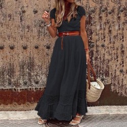Elegant maxi dress - hollow out embroidery lace - short sleeveDresses