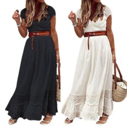 Elegant maxi dress - hollow out embroidery lace - short sleeveDresses