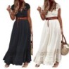 Elegant maxi dress - hollow out embroidery lace - short sleeveDresses