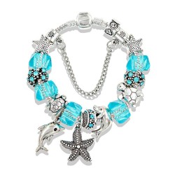 Pulseira de prata elegante - estrela do mar / golfinho / miçangas / tartaruga - cristais