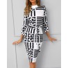 Vestido midi clássico - manga três quartos - listras geométricas de cor preta