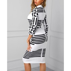 Vestido midi clássico - manga três quartos - listras geométricas de cor preta