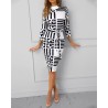 Vestido midi clássico - manga três quartos - listras geométricas de cor preta