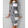 Vestido midi clássico - manga três quartos - listras geométricas de cor preta