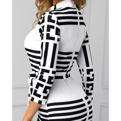 Vestido midi clássico - manga três quartos - listras geométricas de cor preta