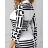 Vestido midi clássico - manga três quartos - listras geométricas de cor preta