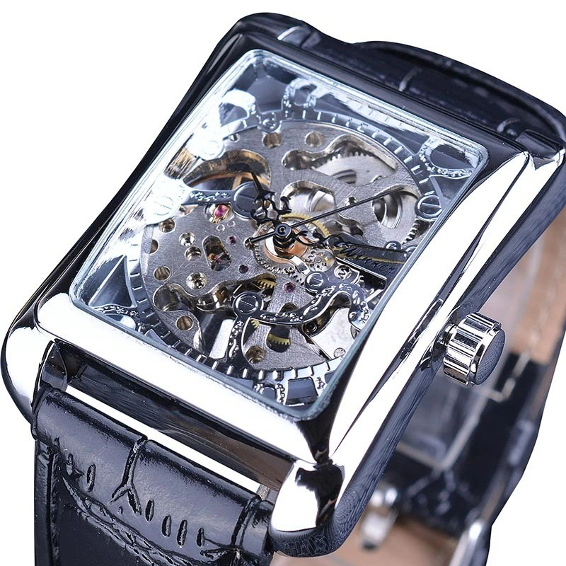 WINNER - rectangular mechanical watch - hollow-out skeleton design - leather strapWatches
