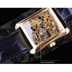 WINNER - rectangular mechanical watch - hollow-out skeleton design - leather strapWatches