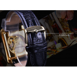 WINNER - rectangular mechanical watch - hollow-out skeleton design - leather strapWatches