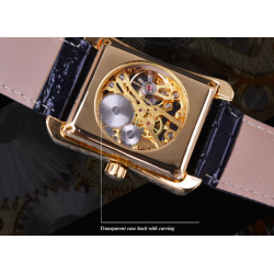 WINNER - rectangular mechanical watch - hollow-out skeleton design - leather strapWatches