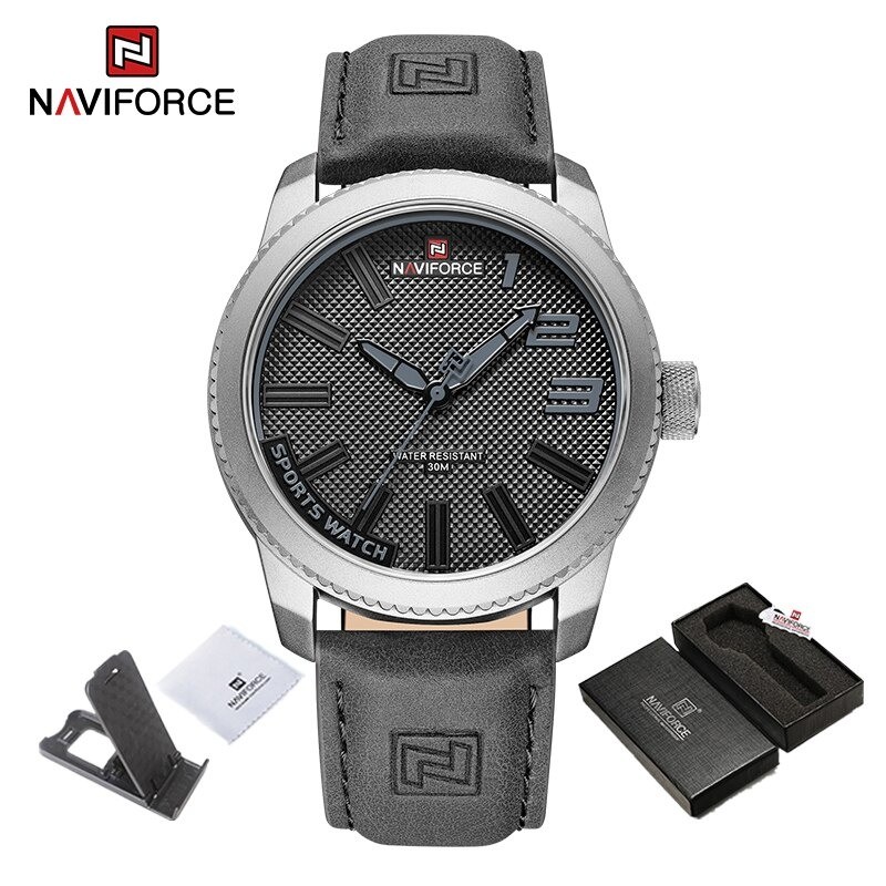 NAVIFORCE - relógio esportivo militar - Quartz - impermeável - pulseira de couro - cinza