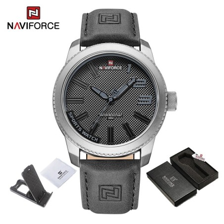 NAVIFORCE - relógio esportivo militar - Quartz - impermeável - pulseira de couro - cinza