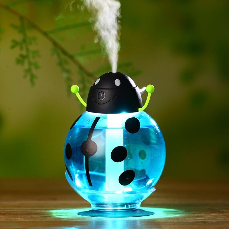 Umidificador de ar ultrassônico - difusor de óleos essenciais - formato joaninha - USB - LED - 260 ml