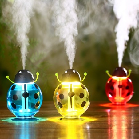 Umidificador de ar ultrassônico - difusor de óleos essenciais - formato joaninha - USB - LED - 260 ml