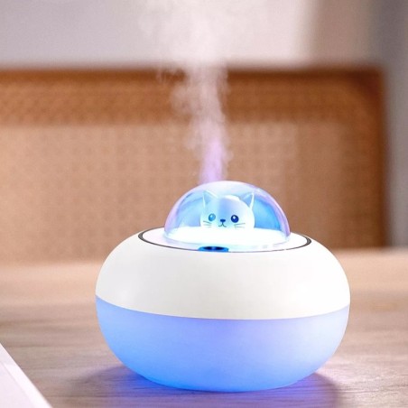 Umidificador de ar ultrassônico - difusor de óleos essenciais - cabeça de gato - LED - USB - 300ml