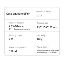 Umidificador de ar ultrassônico - difusor de óleos essenciais - cabeça de gato - LED - USB - 300ml