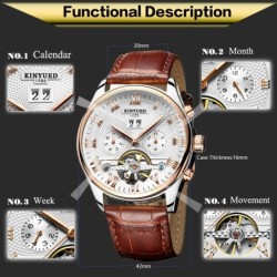 KINYUED - relógio com turbilhão mecânico - design de esqueleto - pulseira de couro