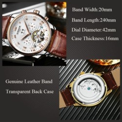 KINYUED - relógio com turbilhão mecânico - design de esqueleto - pulseira de couro