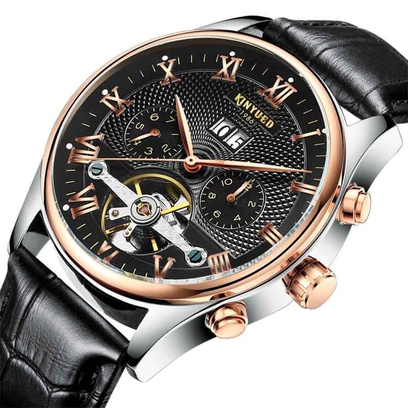 KINYUED - relógio com turbilhão mecânico - design de esqueleto - pulseira de couro