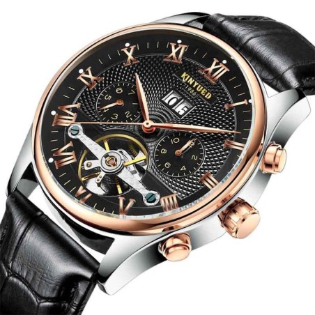 KINYUED - relógio com turbilhão mecânico - design de esqueleto - pulseira de couro