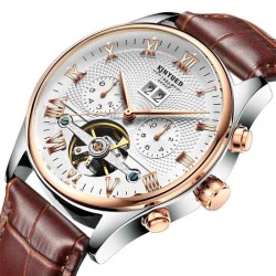 KINYUED - relógio com turbilhão mecânico - design de esqueleto - pulseira de couro