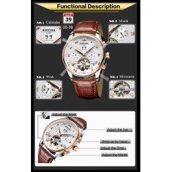 KINYUED - relógio com turbilhão mecânico - design de esqueleto - pulseira de couro