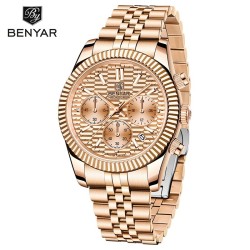 BENYAR - elegante relógio de quartzo - cronógrafo - à prova d'água - aço inoxidável - ouro