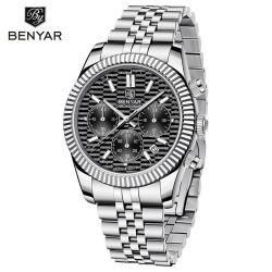 BENYAR - elegante relógio de quartzo - cronógrafo - à prova d'água - aço inoxidável - preto