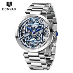 BENYAR - relógio mecânico automático - design oco - aço inoxidável - azul