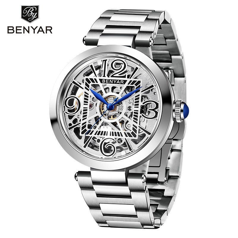 BENYAR - relógio mecânico automático - design oco - aço inoxidável - branco