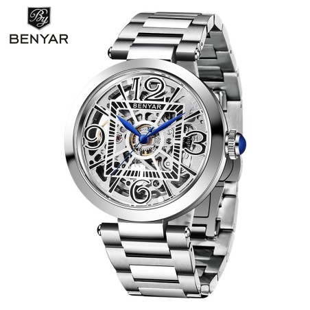 BENYAR - relógio mecânico automático - design oco - aço inoxidável - branco