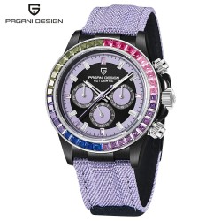 PAGANI DESIGN - relógio esportivo mecânico - cronógrafo - bisel arco-íris - pulseira de couro - roxo