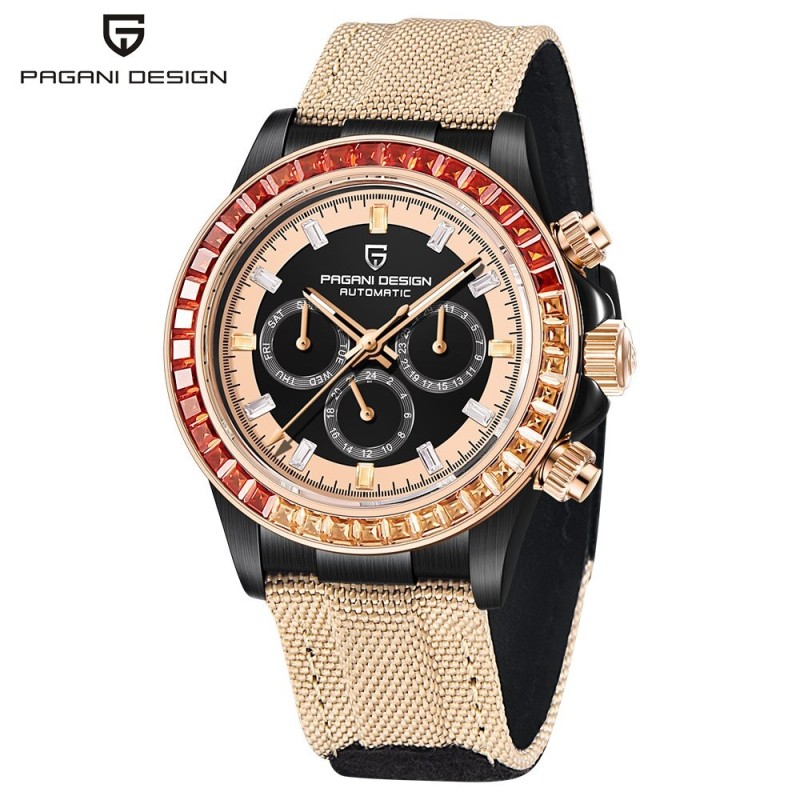PAGANI DESIGN - relógio esportivo mecânico - cronógrafo - bisel arco-íris - pulseira de couro - ouro