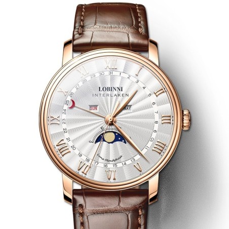 LOBINNI - relógio de quartzo de luxo - fases da lua - à prova d'água - pulseira de couro - branco / marrom