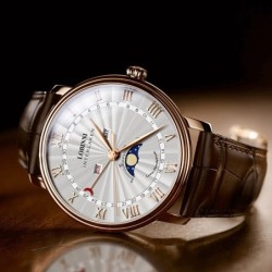 LOBINNI - relógio de quartzo de luxo - fases da lua - à prova d'água - pulseira de couro - branco / marrom